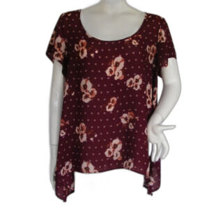 TORRID Blouse, 2/2X, Burgundy Floral, Sharkbite, Semi-sheer, Short sleeves